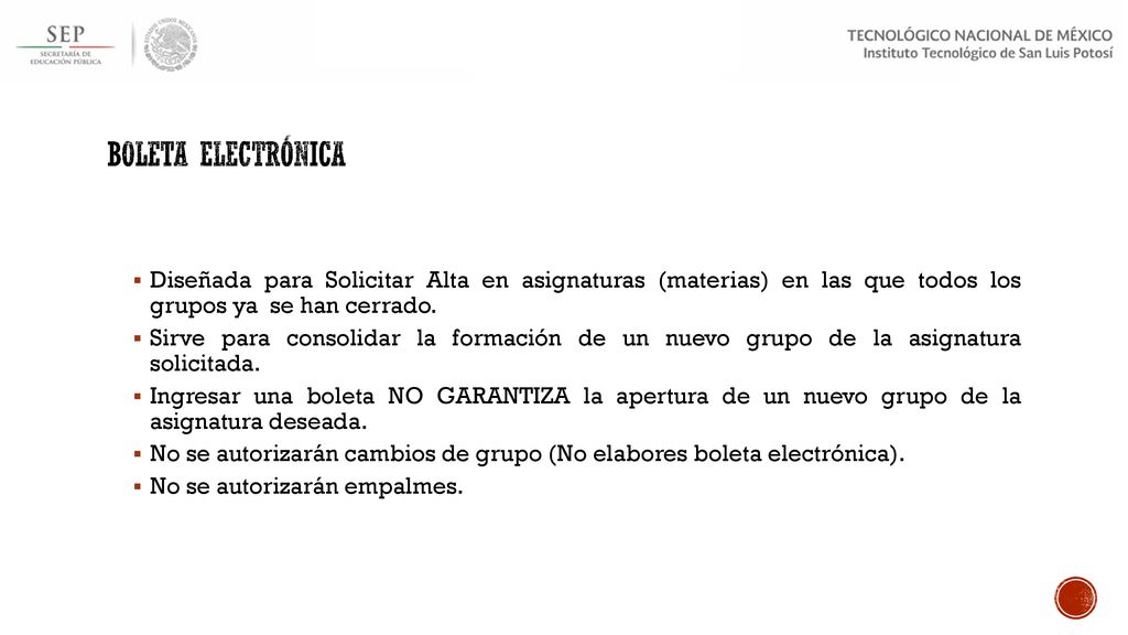 Boleta electrónica Diseñada para Solicitar Alta en asignaturas (materias) en las que todos los grupos ya se han cerrado.