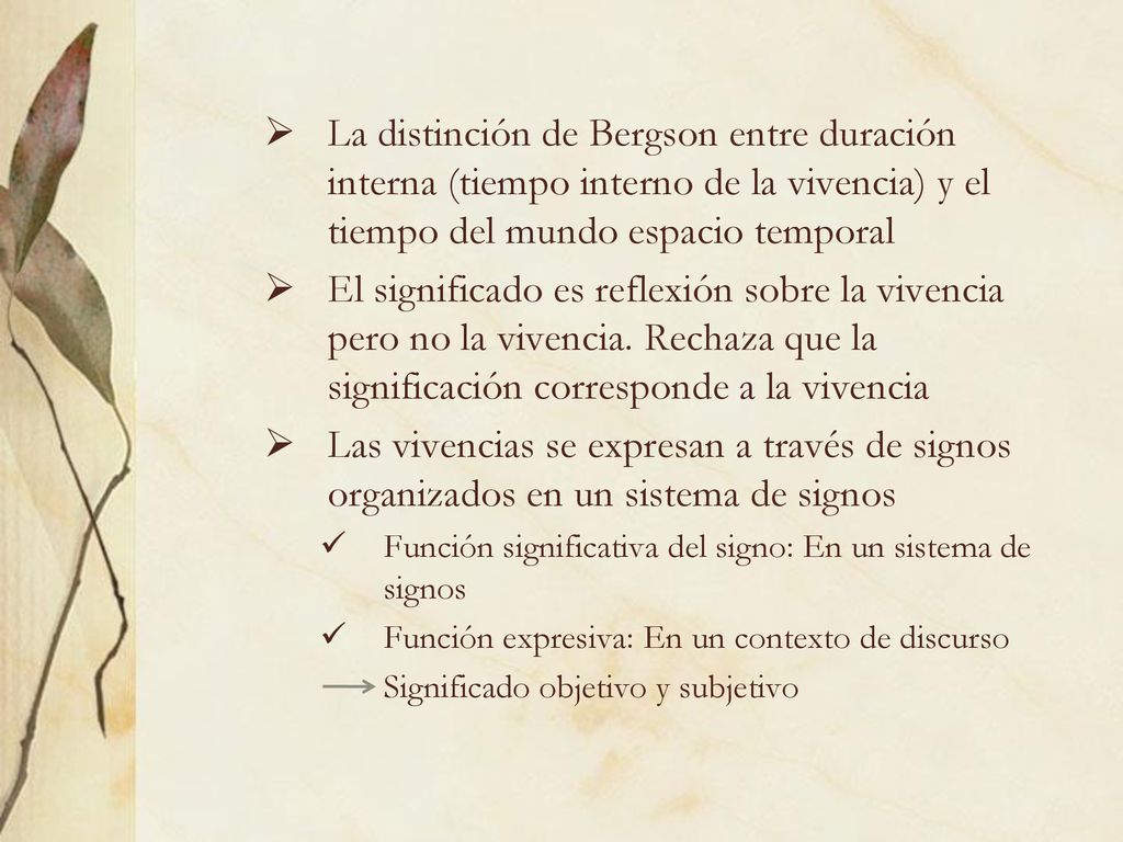 La distinción de Bergson entre duración interna (tiempo interno de la vivencia) y el tiempo del mundo espacio temporal