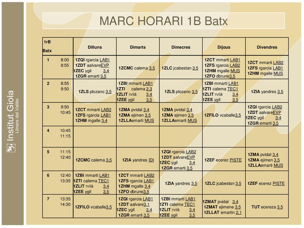 MARC HORARI 1B Batx 17 1rB Batx Dilluns Dimarts Dimecres Dijous