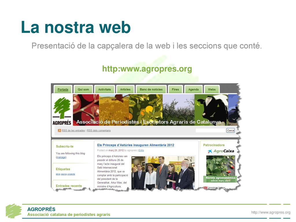 Presentació de la capçalera de la web i les seccions que conté.