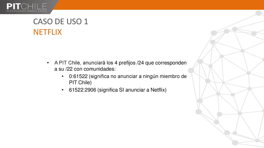 CASO DE USO 1 NETFLIX A PIT Chile, anunciará los 4 prefijos /24 que corresponden a su /22 con comunidades: