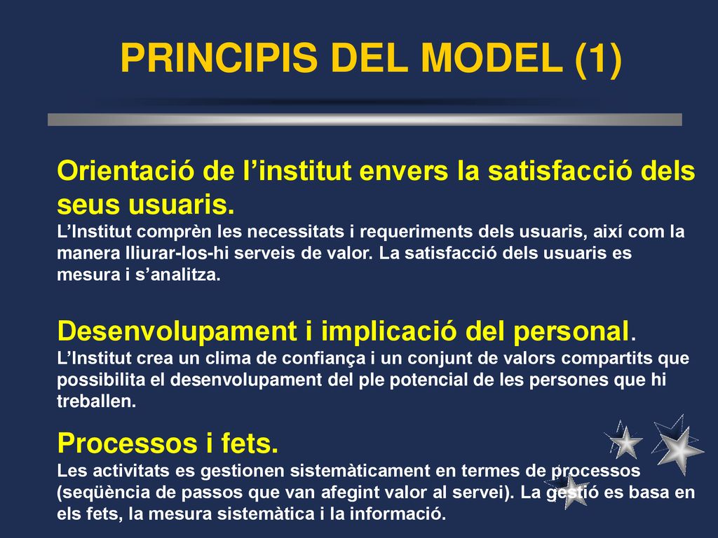 PRINCIPIS DEL MODEL (1) Orientació de l’institut envers la satisfacció dels seus usuaris.