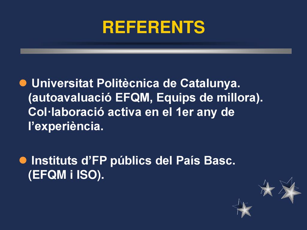 REFERENTS Universitat Politècnica de Catalunya. (autoavaluació EFQM, Equips de millora). Col·laboració activa en el 1er any de l’experiència.