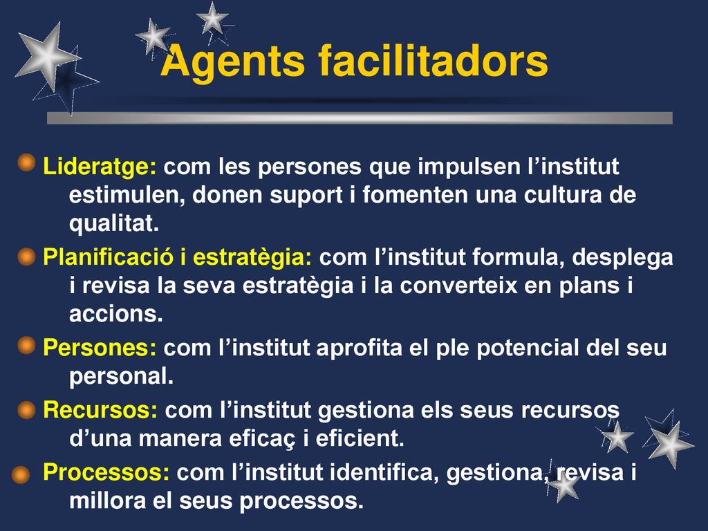 Agents facilitadors Lideratge: com les persones que impulsen l’institut estimulen, donen suport i fomenten una cultura de qualitat.