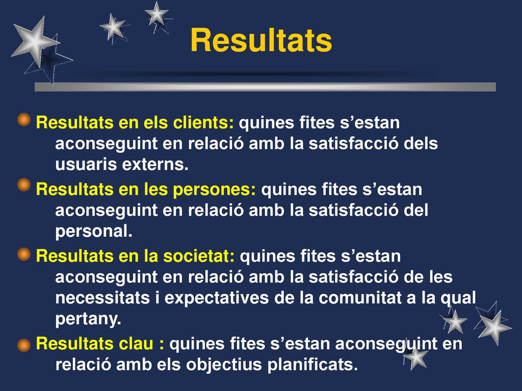 Resultats Resultats en els clients: quines fites s’estan aconseguint en relació amb la satisfacció dels usuaris externs.