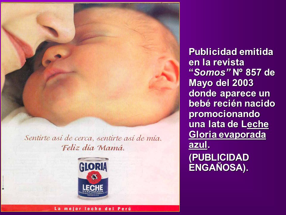 Publicidad emitida en la revista Somos Nº 857 de Mayo del 2003 donde aparece un bebé recién nacido promocionando una lata de Leche Gloria evaporada azul.