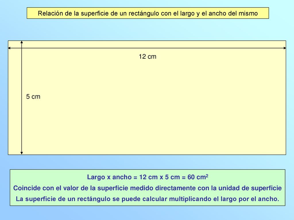 Largo x ancho = 12 cm x 5 cm = 60 cm2