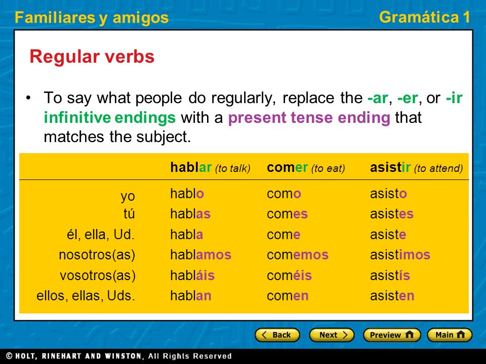 Regular verbs To say what people do regularly, replace the -ar, -er, or -ir infinitive endings with a present tense ending that matches the subject.