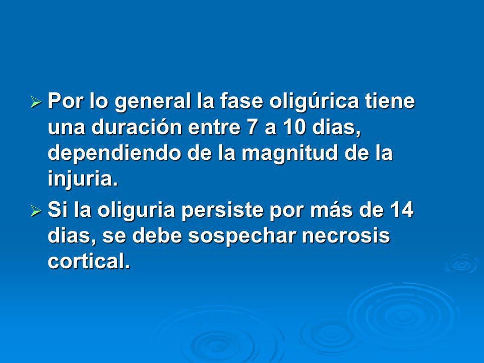 Por lo general la fase oligúrica tiene una duración entre 7 a 10 dias, dependiendo de la magnitud de la injuria.