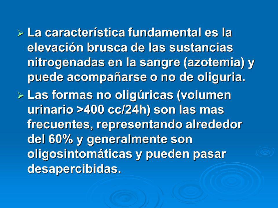 La característica fundamental es la elevación brusca de las sustancias nitrogenadas en la sangre (azotemia) y puede acompañarse o no de oliguria.