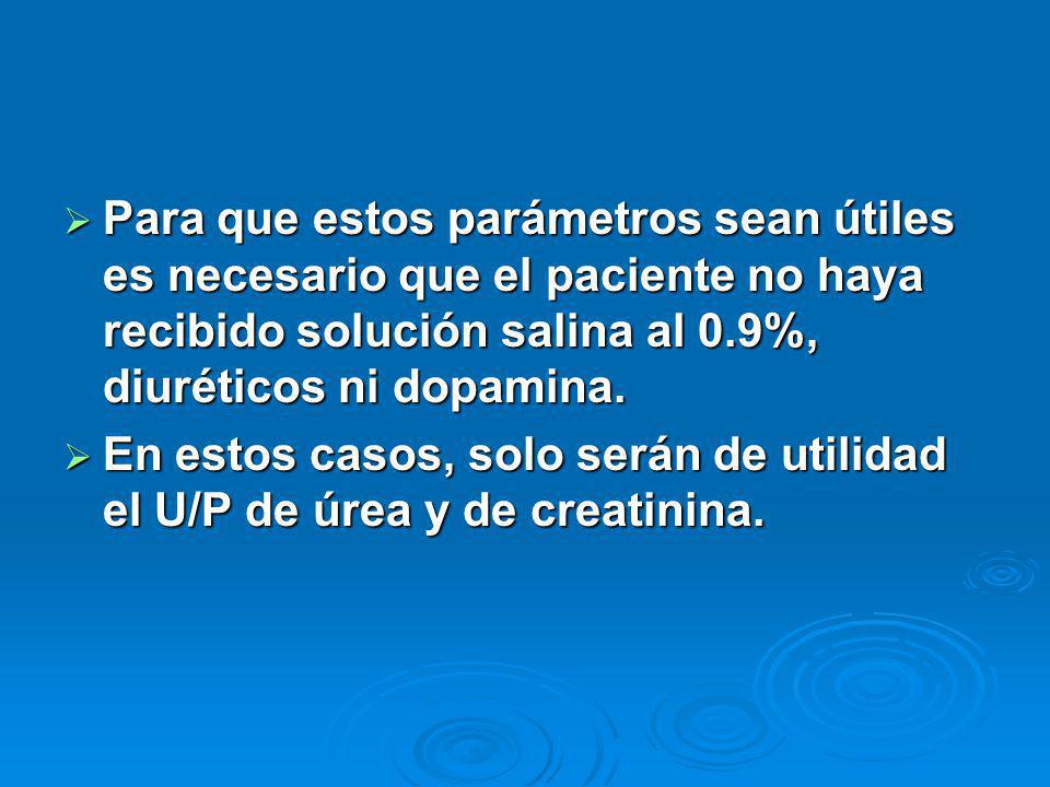 Para que estos parámetros sean útiles es necesario que el paciente no haya recibido solución salina al 0.9%, diuréticos ni dopamina.