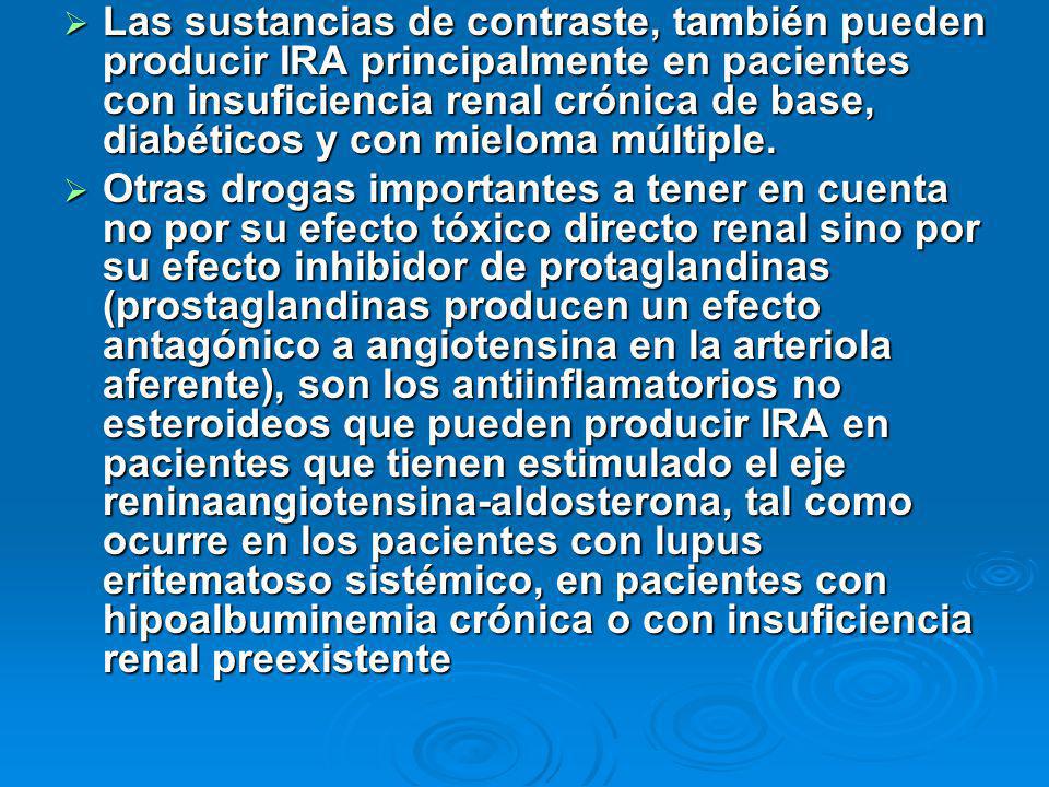 Las sustancias de contraste, también pueden producir IRA principalmente en pacientes con insuficiencia renal crónica de base, diabéticos y con mieloma múltiple.