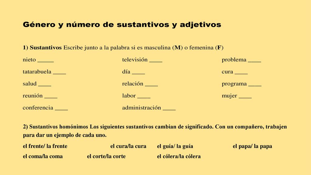 2) Sustantivos homónimos Los siguientes sustantivos cambian de significado. Con un compañero, trabajen para dar un ejemplo de cada uno.