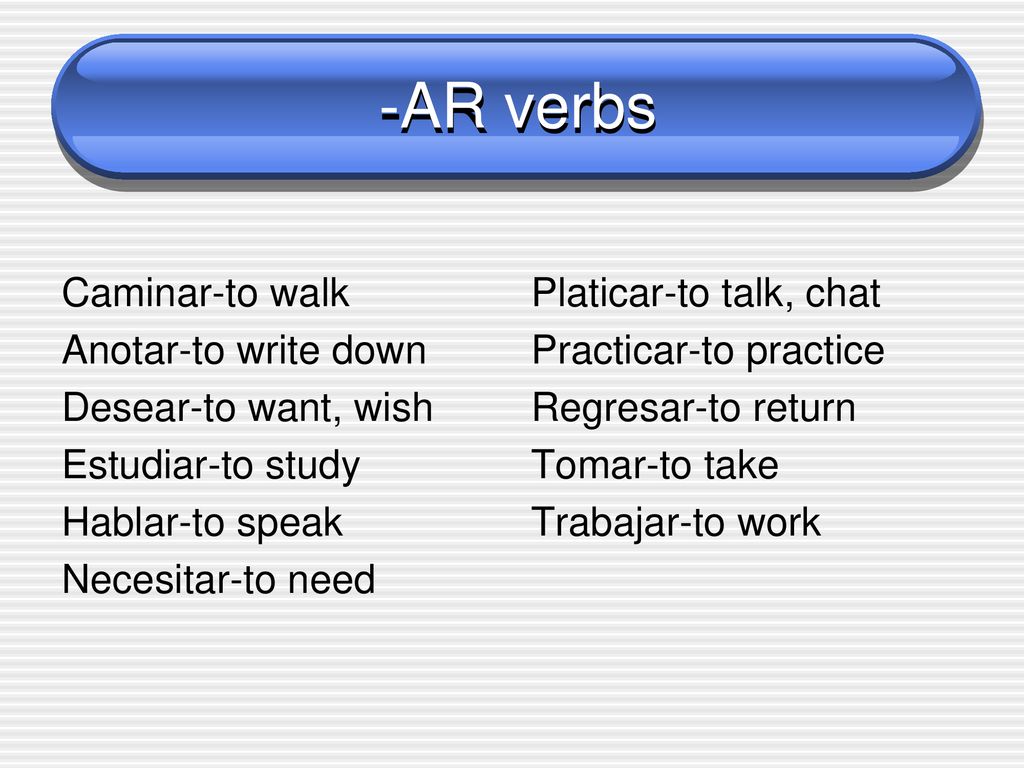 -AR verbs Caminar-to walk Anotar-to write down Desear-to want, wish Estudiar-to study Hablar-to speak Necesitar-to need