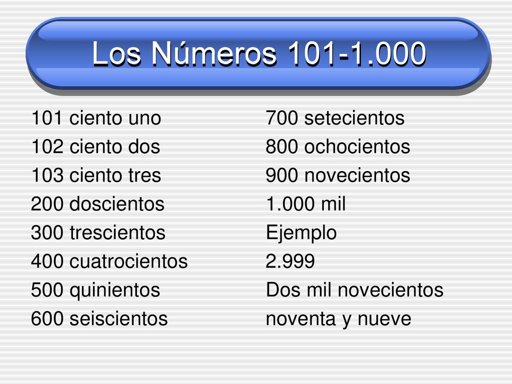 Los Números ciento uno 102 ciento dos 103 ciento tres 200 doscientos 300 trescientos 400 cuatrocientos 500 quinientos 600 seiscientos