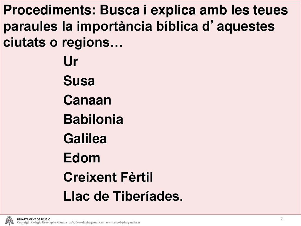 Procediments: Busca i explica amb les teues paraules la importància bíblica d’aquestes ciutats o regions…