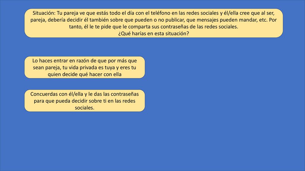 Situación: Tu pareja ve que estás todo el día con el teléfono en las redes sociales y él/ella cree que al ser, pareja, debería decidir él también sobre que pueden o no publicar, que mensajes pueden mandar, etc. Por tanto, él le te pide que le comparta sus contraseñas de las redes sociales. ¿Qué harías en esta situación