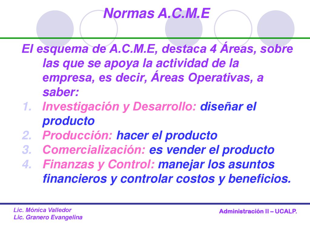 Normas A.C.M.E El esquema de A.C.M.E, destaca 4 Áreas, sobre las que se apoya la actividad de la empresa, es decir, Áreas Operativas, a saber: