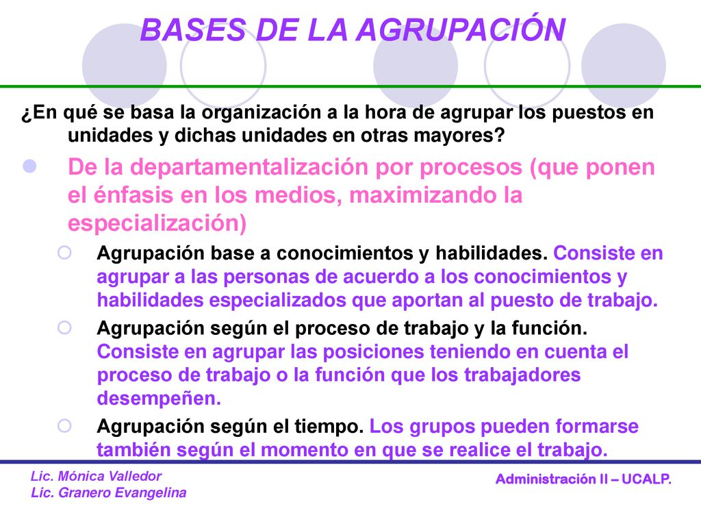 BASES DE LA AGRUPACIÓN ¿En qué se basa la organización a la hora de agrupar los puestos en unidades y dichas unidades en otras mayores