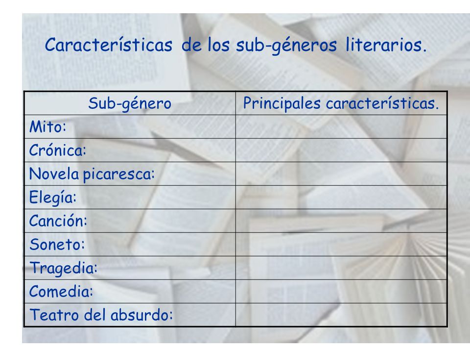 Características de los sub-géneros literarios.