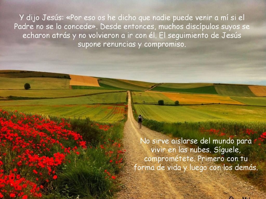 Y dijo Jesús: «Por eso os he dicho que nadie puede venir a mí si el Padre no se lo concede». Desde entonces, muchos discípulos suyos se echaron atrás y no volvieron a ir con él. El seguimiento de Jesús supone renuncias y compromiso.