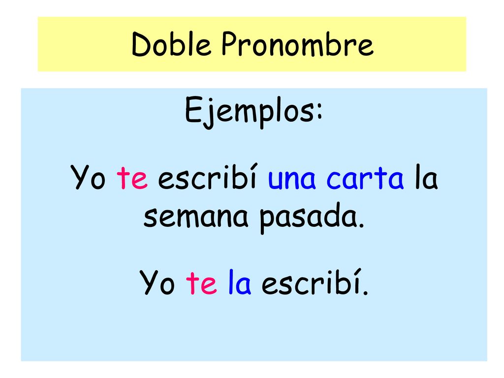 Ejemplos: Yo te escribí una carta la semana pasada. Yo te la escribí.