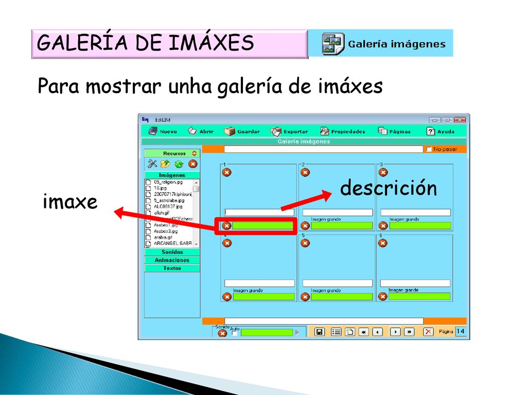 GALERÍA DE IMÁXES Para mostrar unha galería de imáxes imaxe descrición