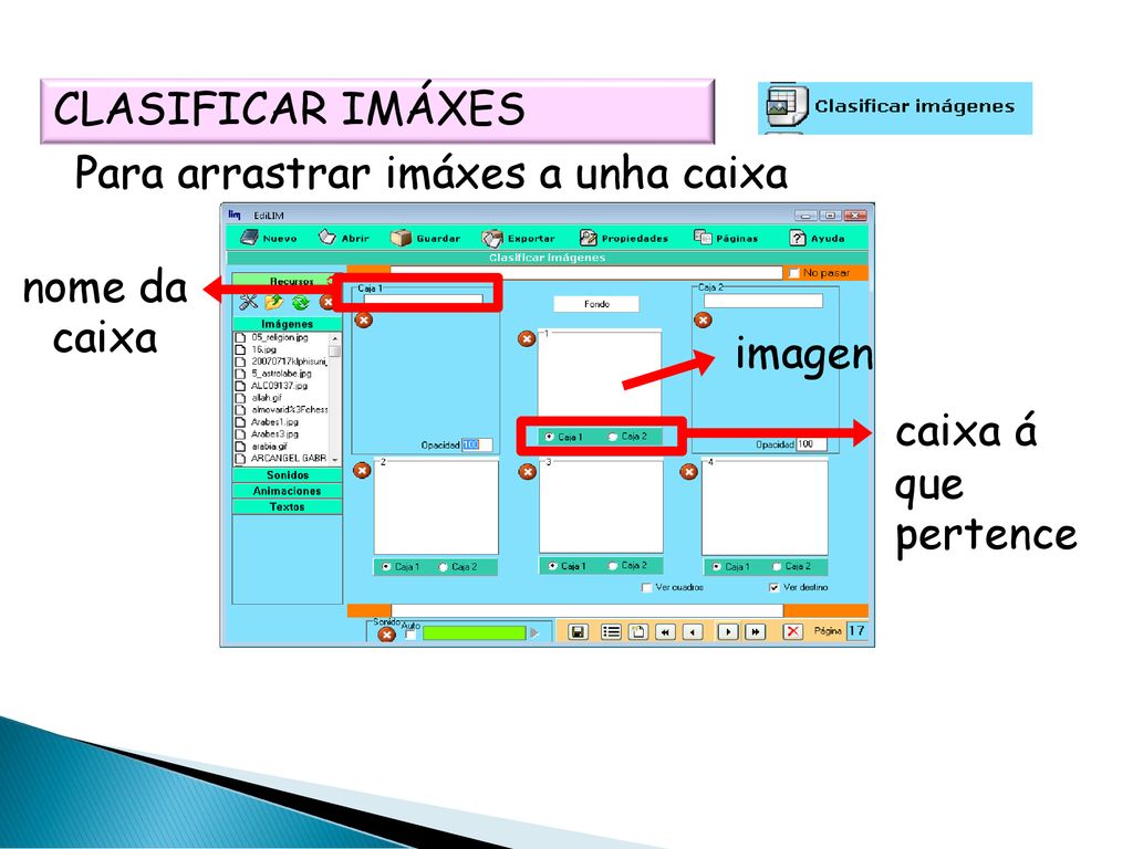 CLASIFICAR IMÁXES Para arrastrar imáxes a unha caixa nome da caixa imagen caixa á que pertence