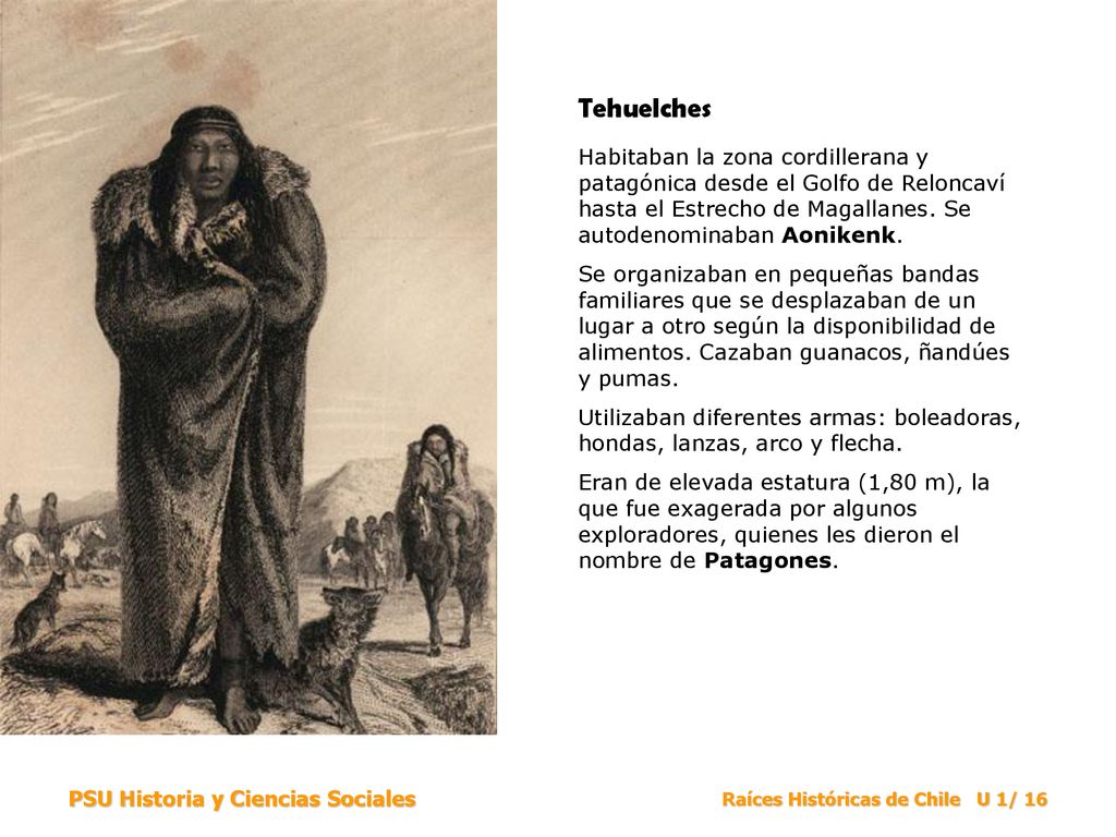 Tehuelches Habitaban la zona cordillerana y patagónica desde el Golfo de Reloncaví hasta el Estrecho de Magallanes. Se autodenominaban Aonikenk.