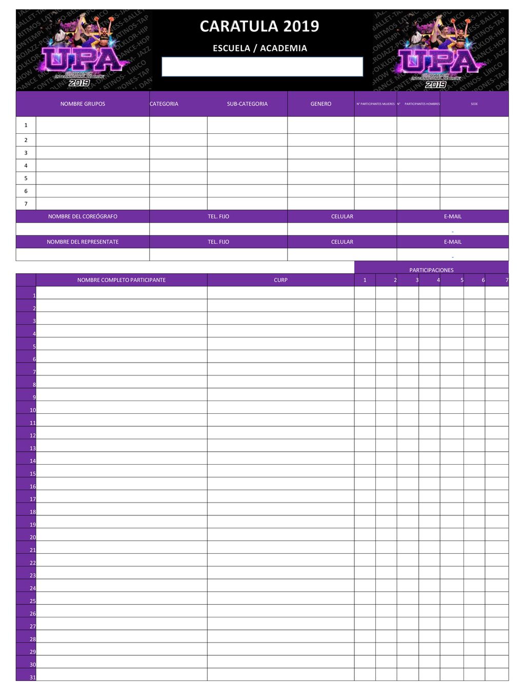 CARATULA 2019 ESCUELA / ACADEMIA NOMBRE GRUPOS CATEGORIA SUB-CATEGORIA