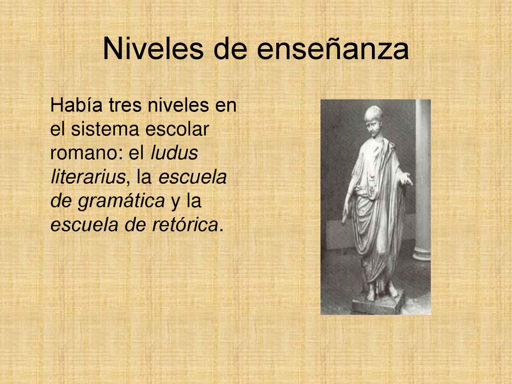 Niveles de enseñanza Había tres niveles en el sistema escolar romano: el ludus literarius, la escuela de gramática y la escuela de retórica.
