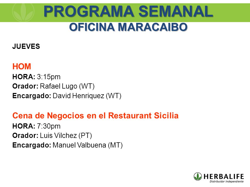 PROGRAMA SEMANAL OFICINA MARACAIBO
