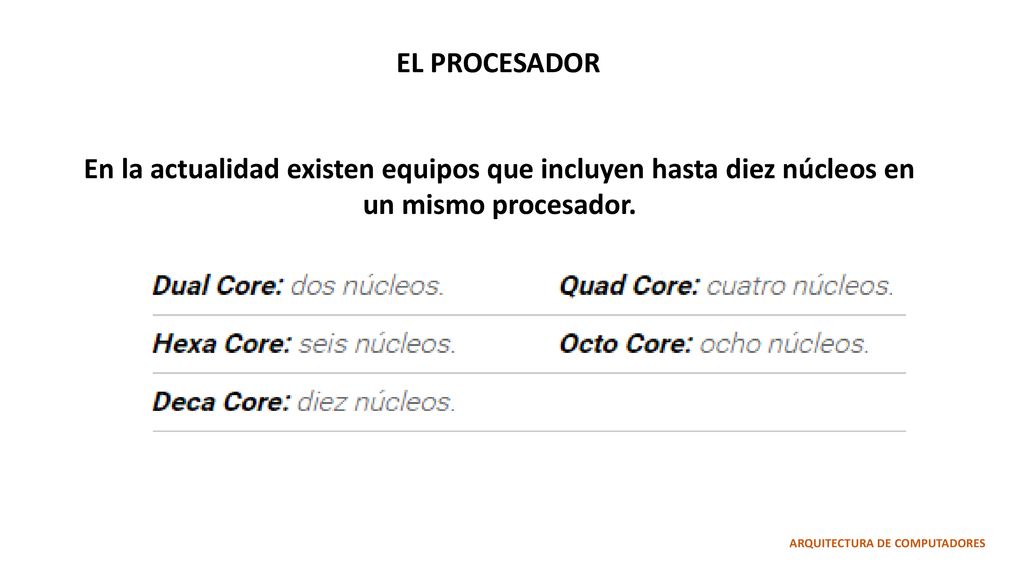 EL PROCESADOR En la actualidad existen equipos que incluyen hasta diez núcleos en un mismo procesador.