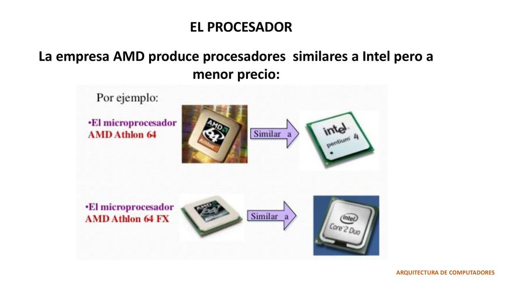 EL PROCESADOR La empresa AMD produce procesadores similares a Intel pero a menor precio: ARQUITECTURA DE COMPUTADORES.