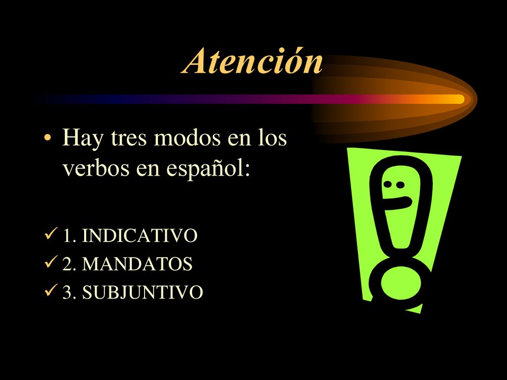 Atención Hay tres modos en los verbos en español: 1. INDICATIVO