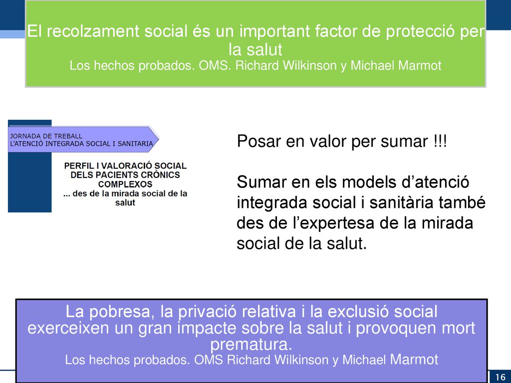 El recolzament social és un important factor de protecció per la salut Los hechos probados. OMS. Richard Wilkinson y Michael Marmot