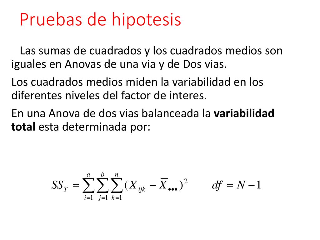 Pruebas de hipotesis Las sumas de cuadrados y los cuadrados medios son iguales en Anovas de una via y de Dos vias.
