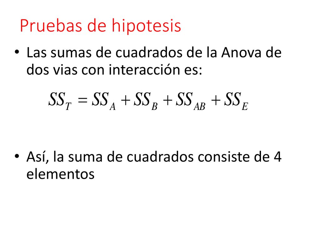 Pruebas de hipotesis Las sumas de cuadrados de la Anova de dos vias con interacción es: Así, la suma de cuadrados consiste de 4 elementos.