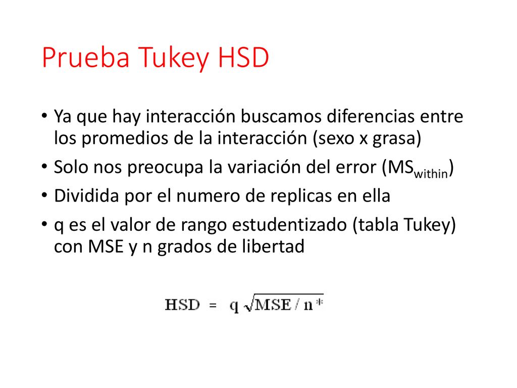 Prueba Tukey HSD Ya que hay interacción buscamos diferencias entre los promedios de la interacción (sexo x grasa)
