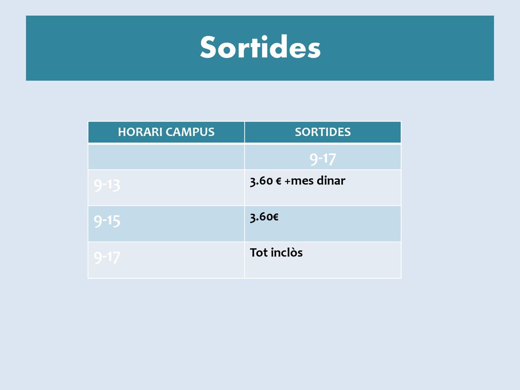 Sortides HORARI CAMPUS SORTIDES 3.60 € +mes dinar 3.60€