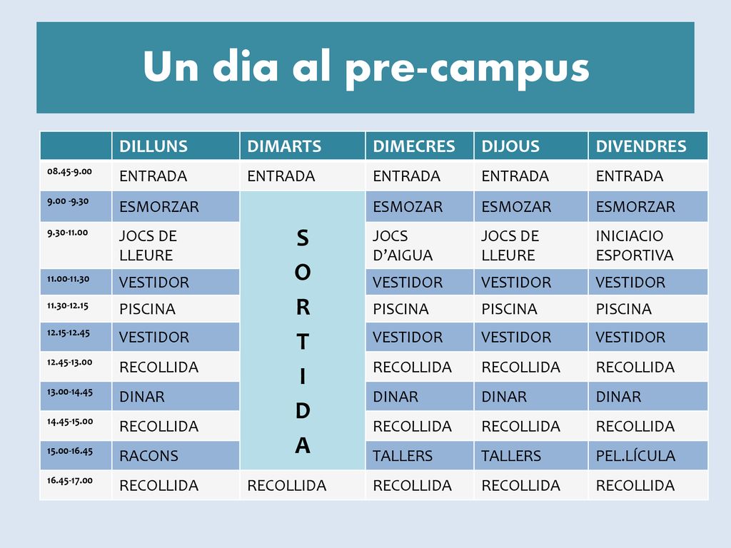 Un dia al pre-campus DILLUNS DIMARTS DIMECRES DIJOUS DIVENDRES ENTRADA