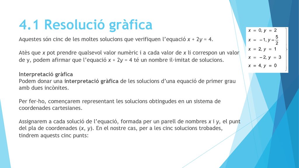 4.1 Resolució gràfica Aquestes són cinc de les moltes solucions que verifiquen l’equació x + 2y = 4.