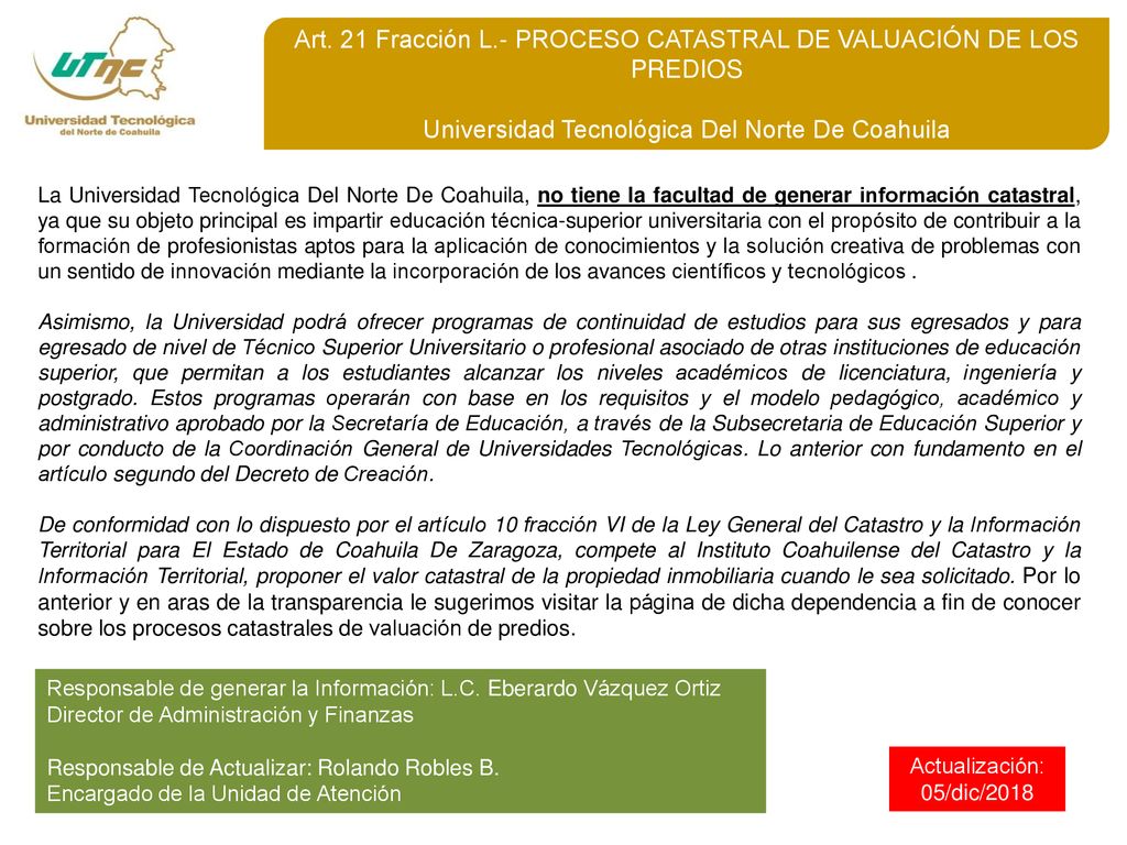 Art. 21 Fracción L.- PROCESO CATASTRAL DE VALUACIÓN DE LOS PREDIOS