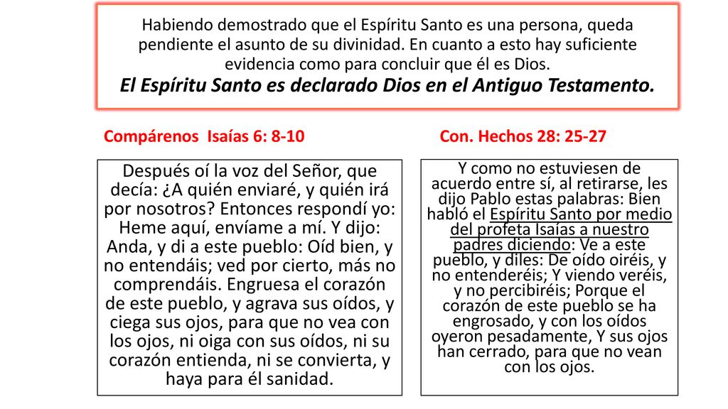 Habiendo demostrado que el Espíritu Santo es una persona, queda pendiente el asunto de su divinidad. En cuanto a esto hay suficiente evidencia como para concluir que él es Dios. El Espíritu Santo es declarado Dios en el Antiguo Testamento.