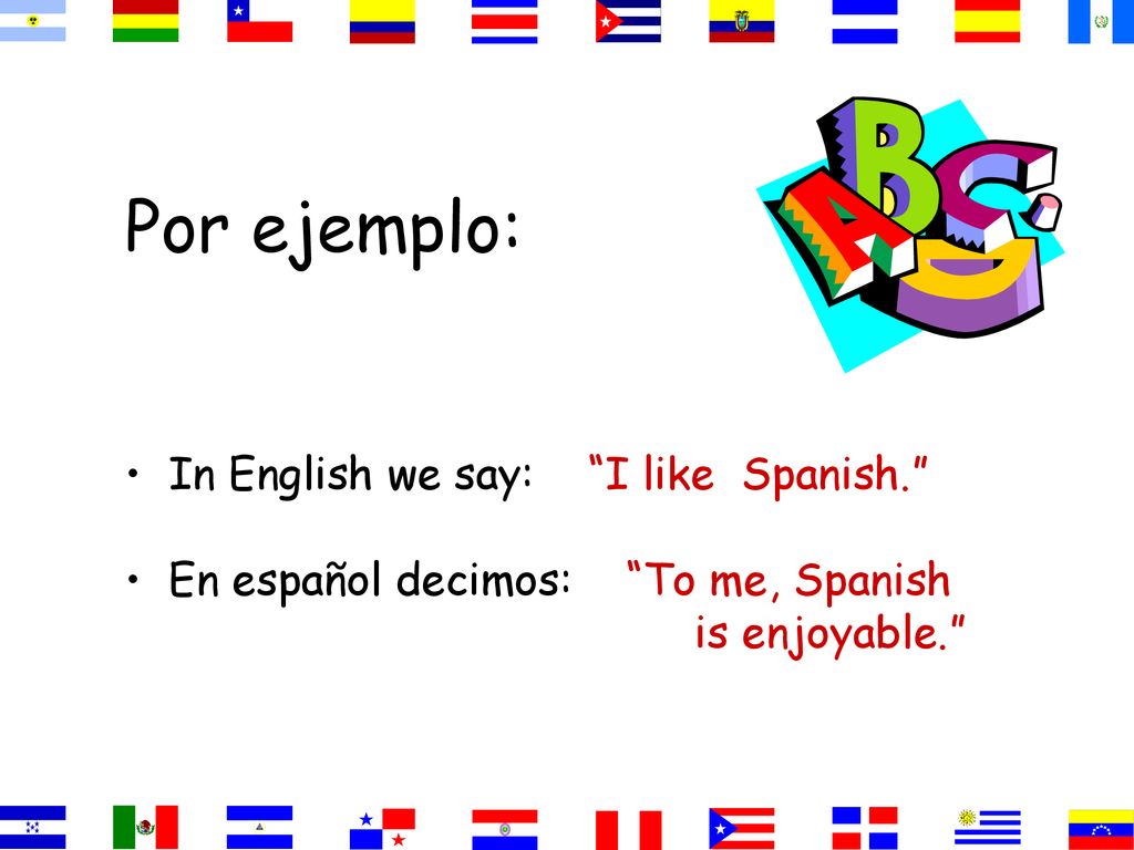 Por ejemplo: In English we say: I like Spanish.