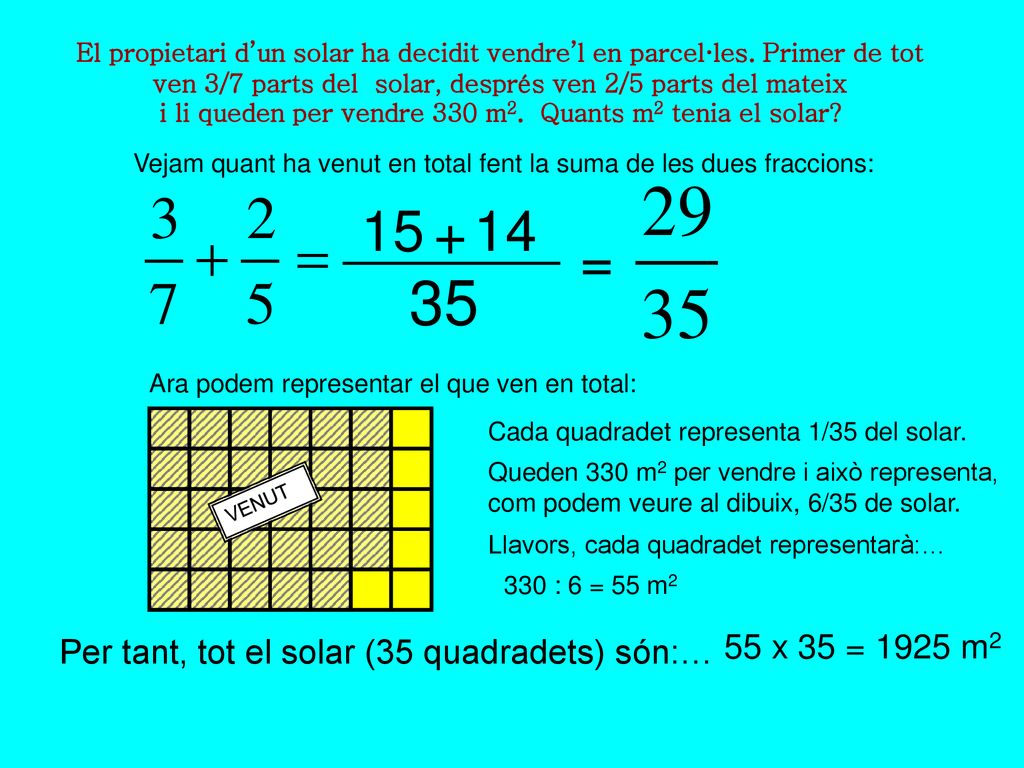 ven 3/7 parts del solar, després ven 2/5 parts del mateix