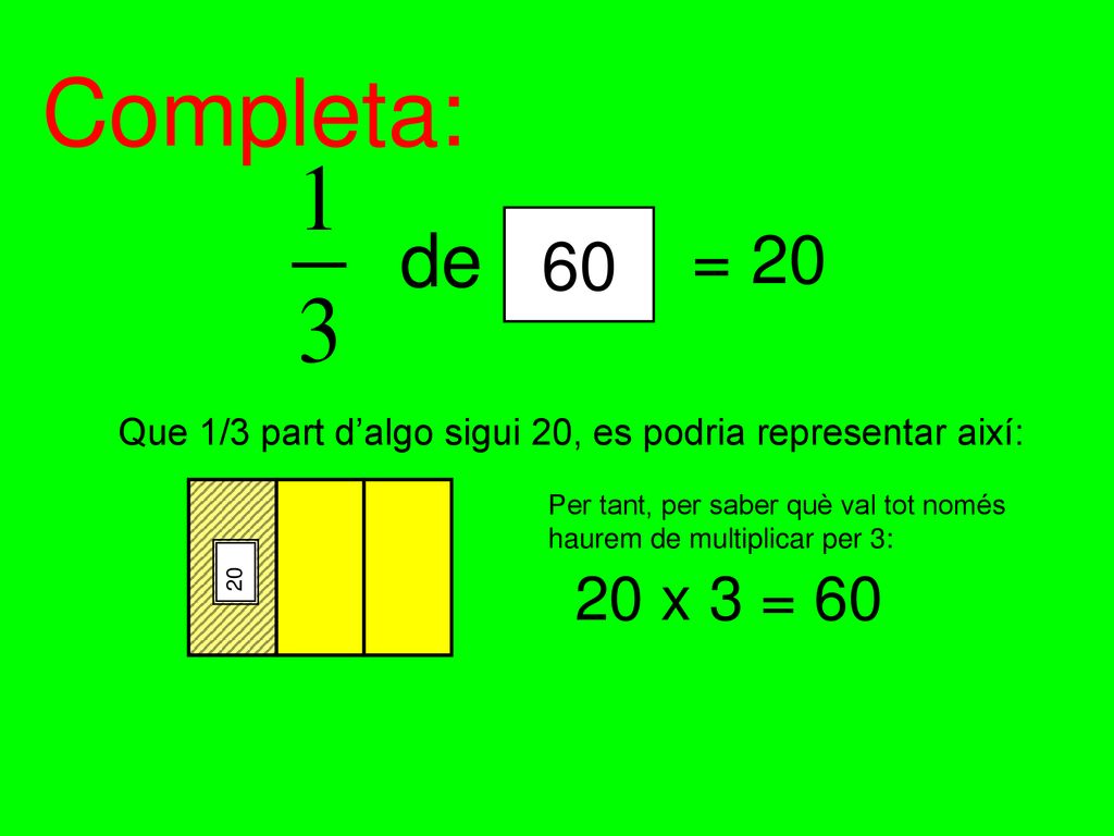 Completa: de. 60. = 20. Que 1/3 part d’algo sigui 20, es podria representar així: Per tant, per saber què val tot només.