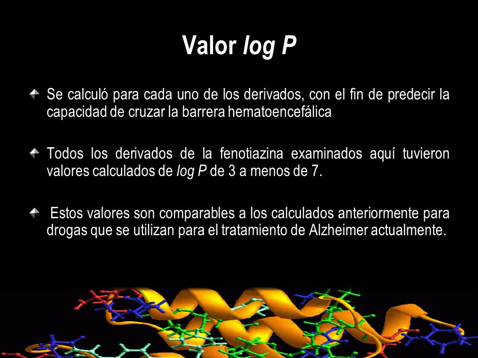 Valor log P Se calculó para cada uno de los derivados, con el fin de predecir la capacidad de cruzar la barrera hematoencefálica.