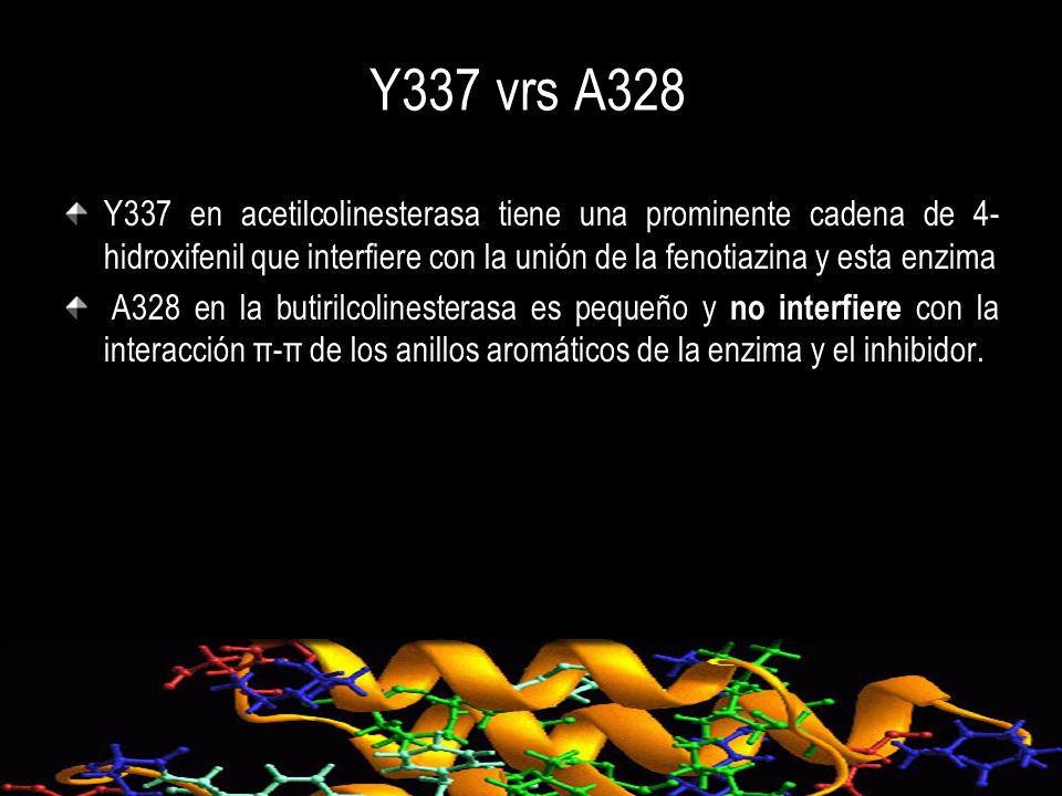 Y337 vrs A328 Y337 en acetilcolinesterasa tiene una prominente cadena de 4-hidroxifenil que interfiere con la unión de la fenotiazina y esta enzima.