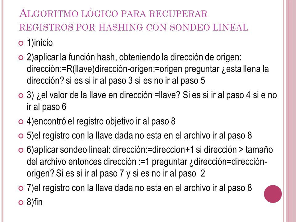 Algoritmo lógico para recuperar registros por hashing con sondeo lineal